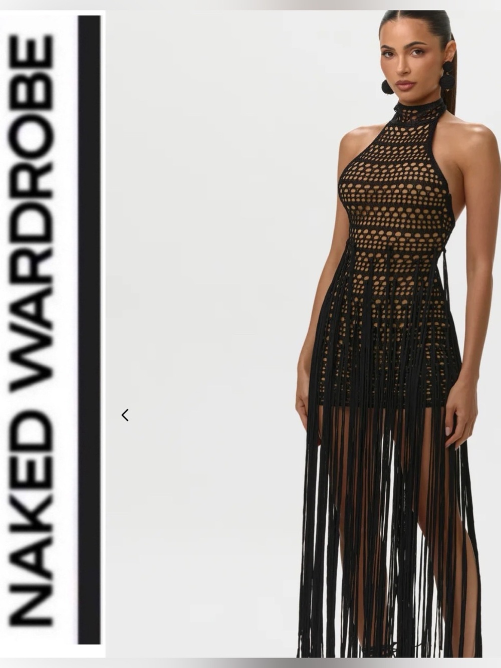 Naked Wardrobe 🖤 CROCHET FRINGE HALTER MINI DRESS
